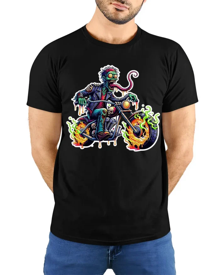Zombie Rider Flames Tshirt - model wearing black shirt, hands behind back