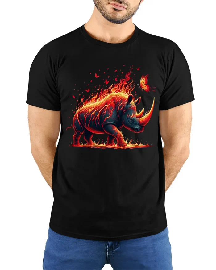 Firestorm Rhino Adventure Tee - model wearing black shirt, hands behind back
