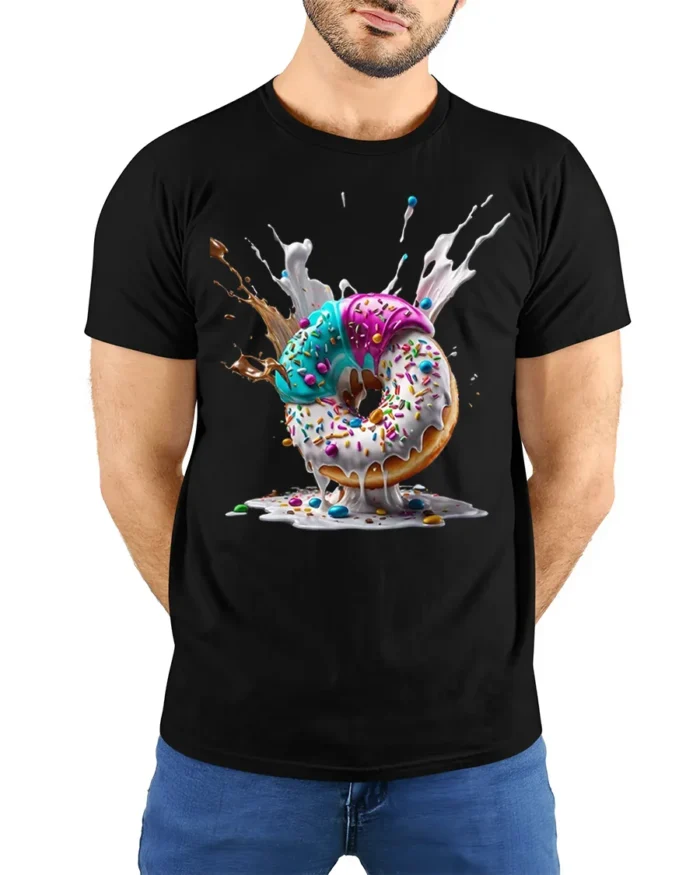 Melting Donut Explosion, Candy Sprinkle Graphic Tshirt - model wearing black shirt, hands behind back