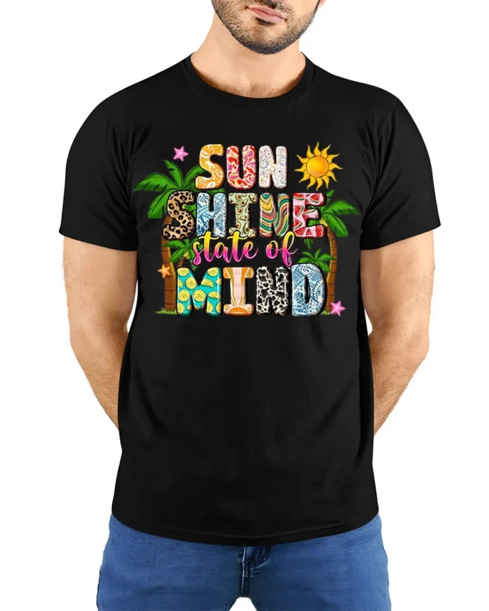 Sunshine State of Mind Shirt, Bold Island Style Tee - model wearing black shirt, hands behind back