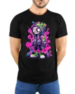 Hooded Skeleton Urban Graphic Tshirt, Bold Neon Colors - model wearing black shirt, hands behind back