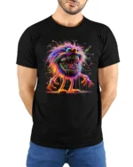 Tshirt Crazy Colorful Furry Monster, Fun Graphic - model wearing black shirt, hands behind back