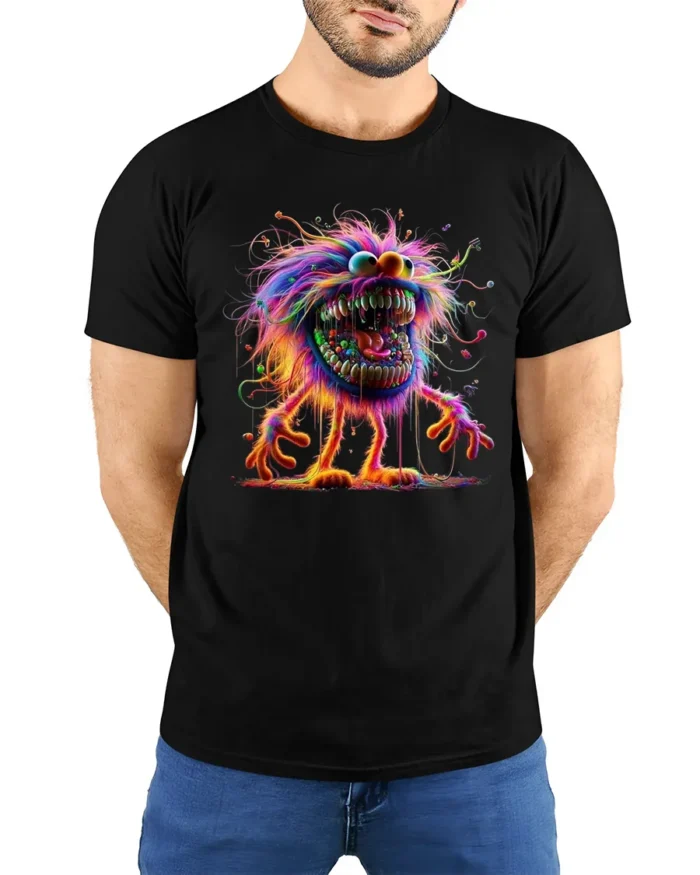 Tshirt Crazy Colorful Furry Monster, Fun Graphic - model wearing black shirt, hands behind back