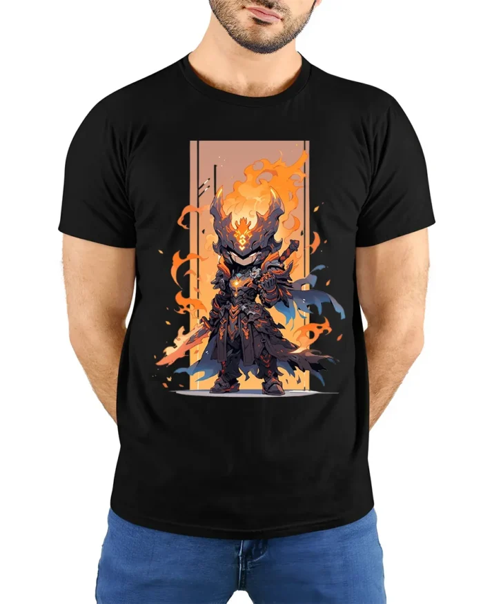 Epic Fire Knight Battle Armor Tshirt for Gamers - model wearing black shirt, hands behind back