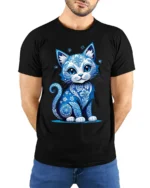 Artistic Blue Cat, Floral Design Cat Lovers Tshirt - model wearing black shirt, hands behind back