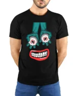 Tshirt Creepy Smile and Eyes, Funky Horror Art - model wearing black shirt, hands behind back