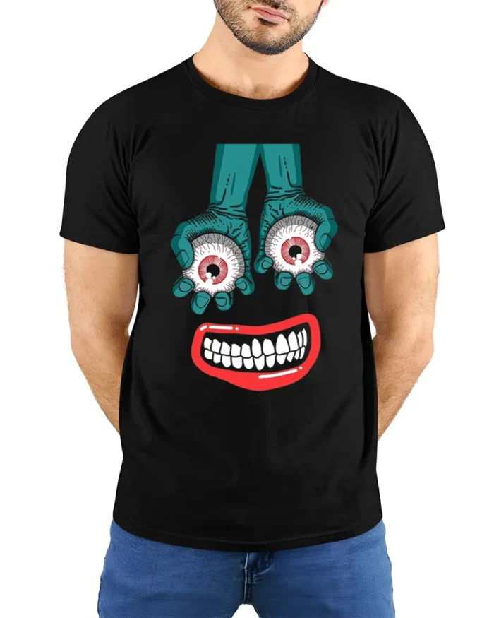 Tshirt Creepy Smile and Eyes, Funky Horror Art - model wearing black shirt, hands behind back