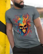 Psychedelic Flame Skull, Wild Fire Art TShirt - model in grey shirt leaning against column