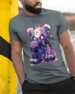 Neon Stitched Teddy Bear TShirt, Edgy Cute Design - model in grey shirt leaning against column