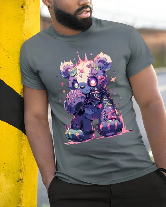 Neon Stitched Teddy Bear TShirt, Edgy Cute Design - model in grey shirt leaning against column