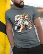 Celestial White Lion Flame, Bold Artistic Tshirt - model in grey shirt leaning against column