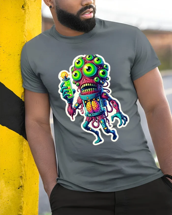 Freaky Alien Experiment Glow Brain Monster Tshirt - model in grey shirt leaning against column