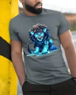 Enchanted Lion Energy Tshirt - model in grey shirt leaning against column