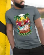 Fun Skeleton Surf Tshirt - model in grey shirt leaning against column
