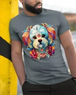 Whimsical Dog Portrait Tshirt - model in grey shirt leaning against column