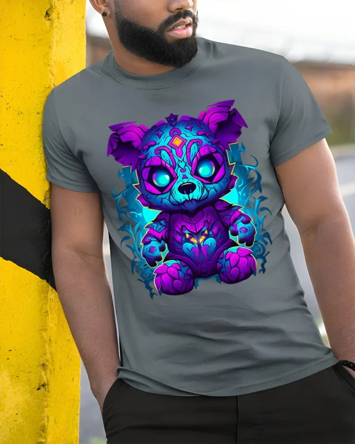 Tshirt Mystic Energy Bear - model in grey shirt leaning against column