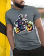 Zombie Rider Flames Tshirt - model in grey shirt leaning against column