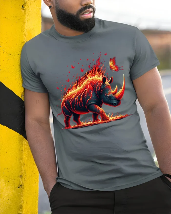 Firestorm Rhino Adventure Tee - model in grey shirt leaning against column