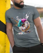 Melting Donut Explosion, Candy Sprinkle Graphic Tshirt - model in grey shirt leaning against column