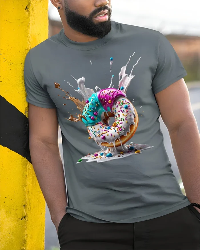 Melting Donut Explosion, Candy Sprinkle Graphic Tshirt - model in grey shirt leaning against column