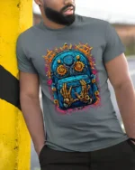 Futuristic Backpack Robotics Tee - model in grey shirt leaning against column
