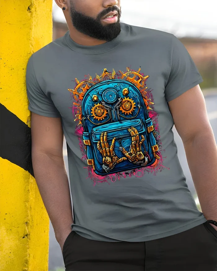 Futuristic Backpack Robotics Tee - model in grey shirt leaning against column