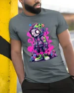 Hooded Skeleton Urban Graphic Tshirt, Bold Neon Colors - model in grey shirt leaning against column