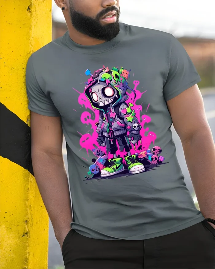 Hooded Skeleton Urban Graphic Tshirt, Bold Neon Colors - model in grey shirt leaning against column