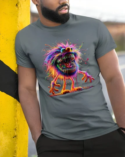 Tshirt Crazy Colorful Furry Monster, Fun Graphic - model in grey shirt leaning against column