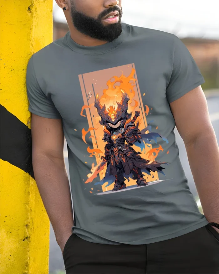Epic Fire Knight Battle Armor Tshirt for Gamers - model in grey shirt leaning against column