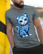 Artistic Blue Cat, Floral Design Cat Lovers Tshirt - model in grey shirt leaning against column
