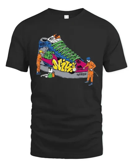 Street Style Graffiti Sneaker Tshirt, Trendy Urban Tee - black t-shirt on white background