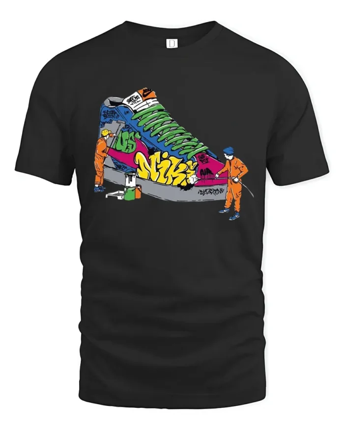 Street Style Graffiti Sneaker Tshirt, Trendy Urban Tee - black t-shirt on white background