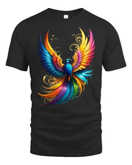 Psychedelic Bird Print Tee, Mythical Creature T-Shirt - black t-shirt on white background