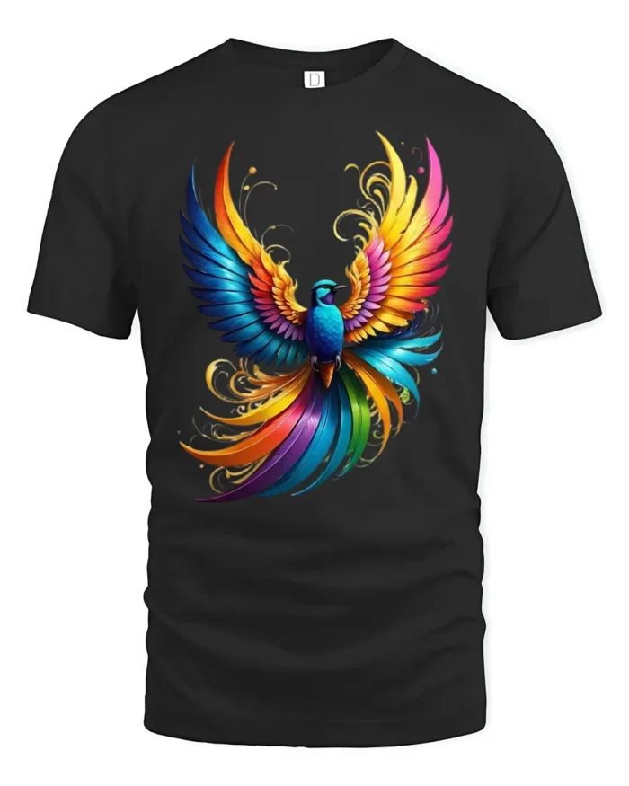 Psychedelic Bird Print Tee, Mythical Creature T-Shirt - black t-shirt on white background