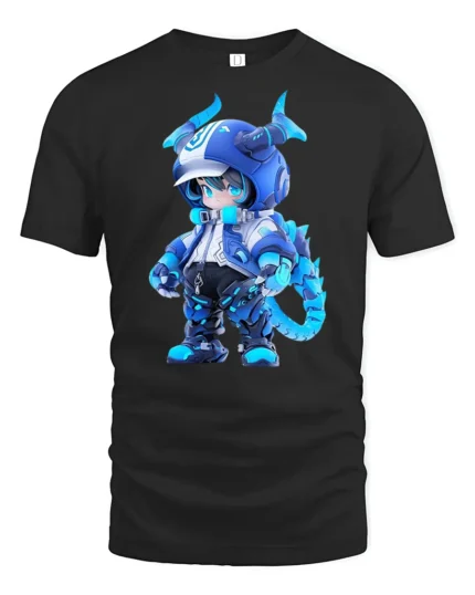Cute Blue Dragon Warrior Tee, Trendy Graphic Tshirt - black t-shirt on white background