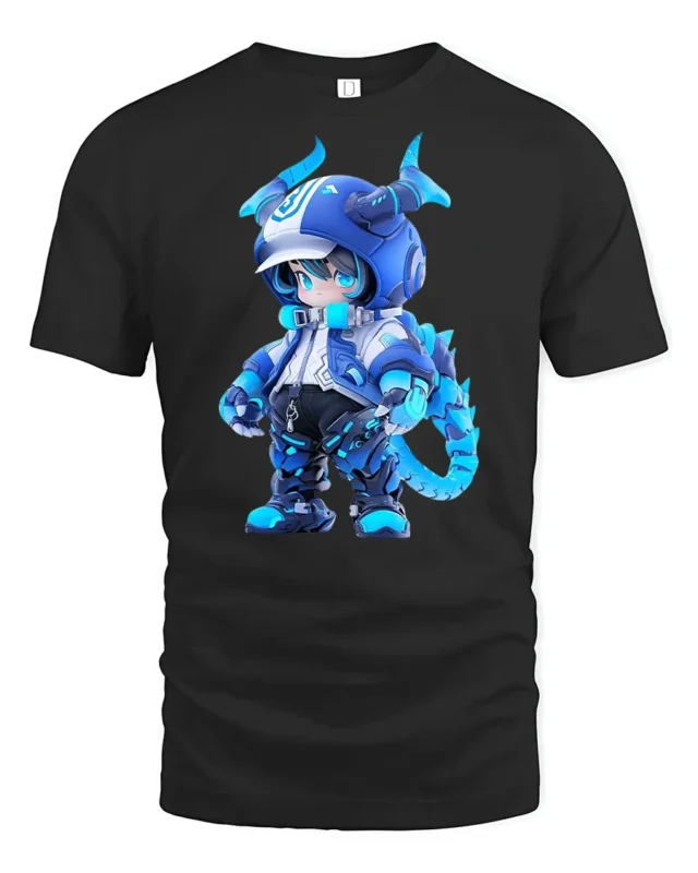 Cute Blue Dragon Warrior Tee, Trendy Graphic Tshirt - black t-shirt on white background