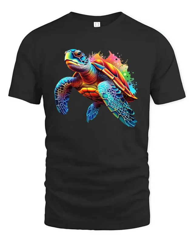 Tropical Sea Turtle T-shirt, Artistic Beach Style Tee - black t-shirt on white background
