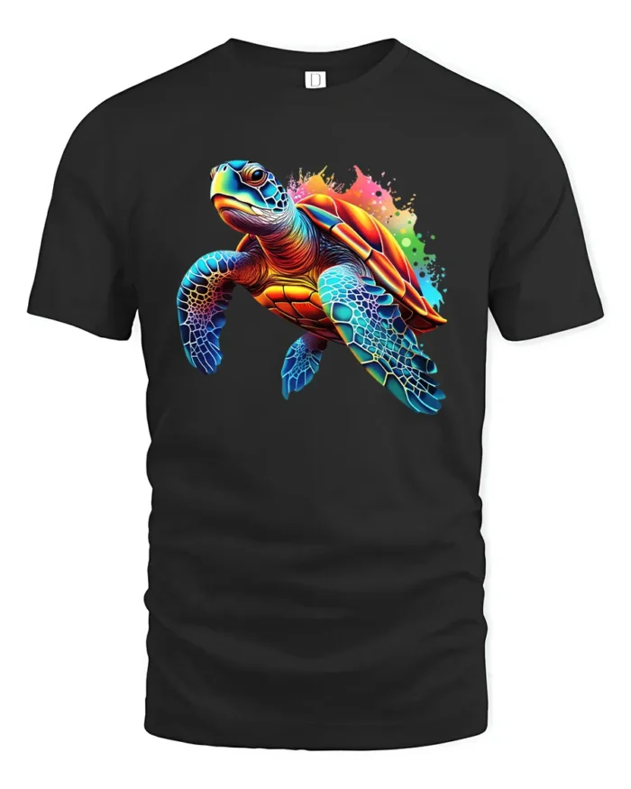 Tropical Sea Turtle T-shirt, Artistic Beach Style Tee - black t-shirt on white background