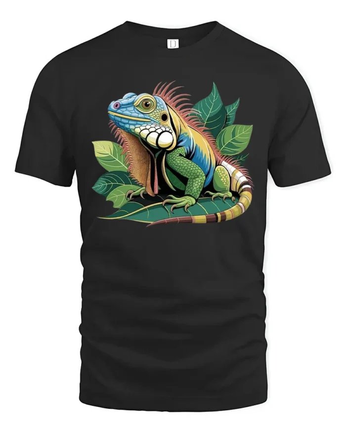 Colorful Iguana Jungle Tee, Bold Tropical Reptile T-Shirt - black t-shirt on white background