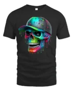 Colorful Skull Art T-Shirt, Cool Graphic Street Style Tee - black t-shirt on white background