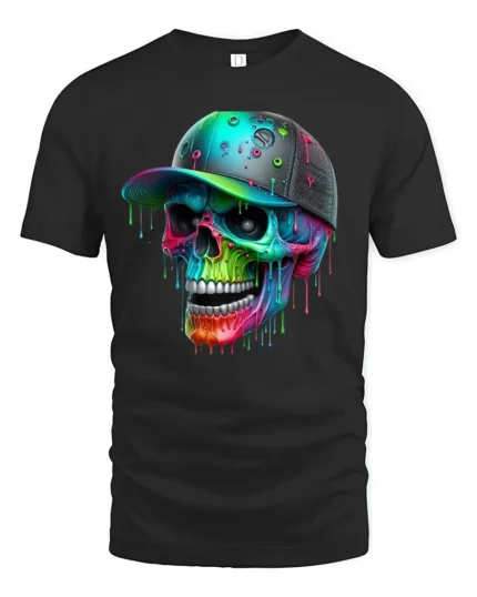 Colorful Skull Art T-Shirt, Cool Graphic Street Style Tee - black t-shirt on white background