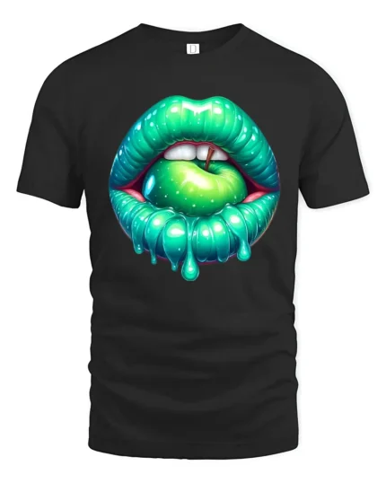 Green Apple Mouth Tee, Edgy Glossy Lips Graphic T-Shirt - black t-shirt on white background