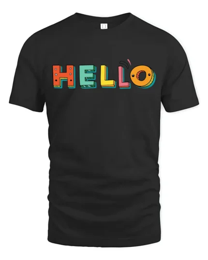 Hello Fun Graphic Tee,  Colorful Letter Print T-Shirt - black t-shirt on white background