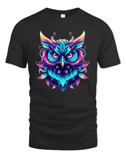 Mystic Owl Spirit Tee, Vivid Colors and Tribal Design T-Shirt - black t-shirt on white background