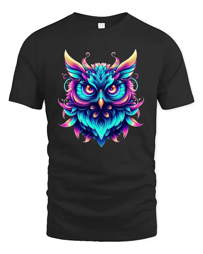 Mystic Owl Spirit Tee, Vivid Colors and Tribal Design T-Shirt - black t-shirt on white background