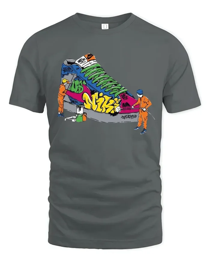 Street Style Graffiti Sneaker Tshirt, Trendy Urban Tee - gray t-shirt on white background