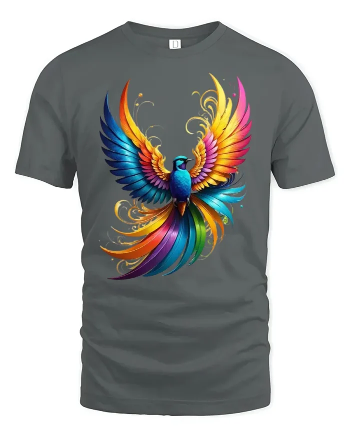 Psychedelic Bird Print Tee, Mythical Creature T-Shirt - gray t-shirt on white background
