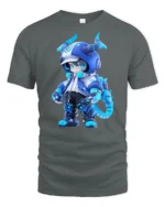 Cute Blue Dragon Warrior Tee, Trendy Graphic Tshirt - gray t-shirt on white background