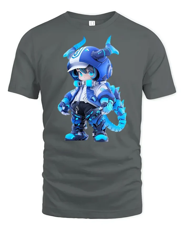 Cute Blue Dragon Warrior Tee, Trendy Graphic Tshirt - gray t-shirt on white background